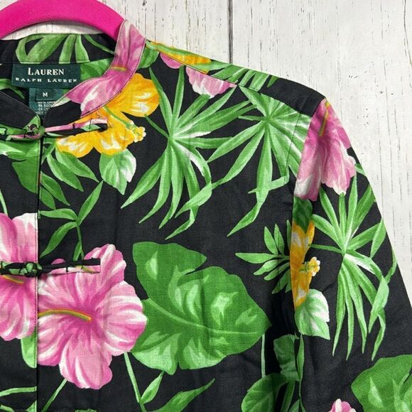 Lauren Ralph Lauren Tropical Floral Linen Mandarin Jacket Hibiscus Resort Boho - Picture 4 of 14